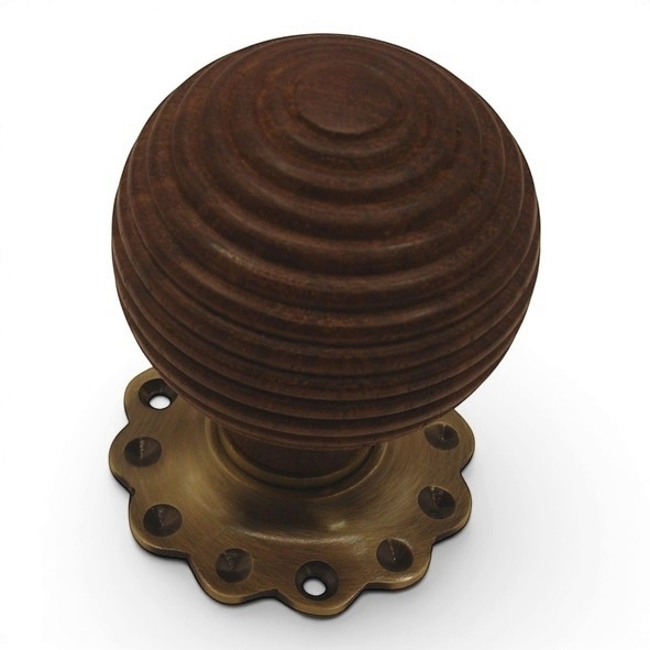 PDF1015F2/AB  Rosewood / Antique Brass  Period Timber Round Beehive Mortice / Rim Knob Set With Flower Roses